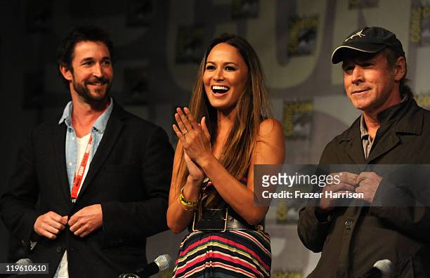 Actors Noah Wyle, Moon Bloodgood and Will Patton speak at TNT's Falling Skies panel during Comic-Con 2011 at the Comic-Con Conference Center on July...