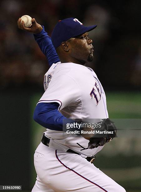 Arthur Rhodes of the Texas Rangers at Rangers Ballpark in Arlington on July 22, 2011 in Arlington, Texas.