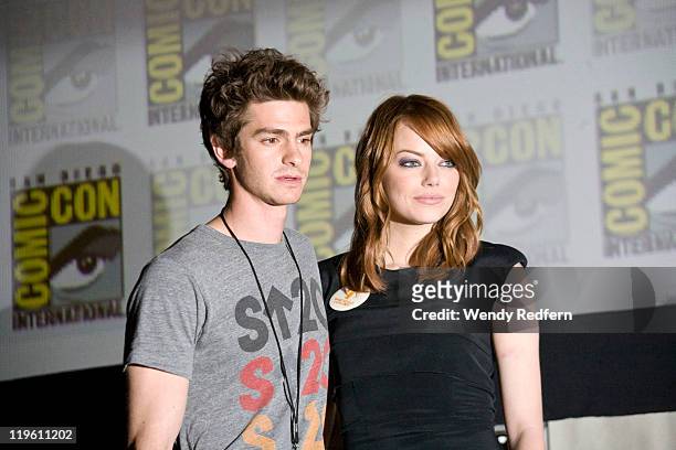 Andrew Garfield and Emma Stone of "The Amazing Spider-Man" speak on stage during day two of Comic-Con 2011 held at the San Diego Convention Center on...