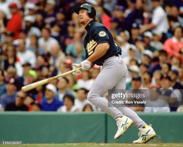 Mark McGwire of the Oakland Athletics bats during an MLB game versus the Boston Red Sox at Fenway Park in Boston, Massachusetts during the 1995...