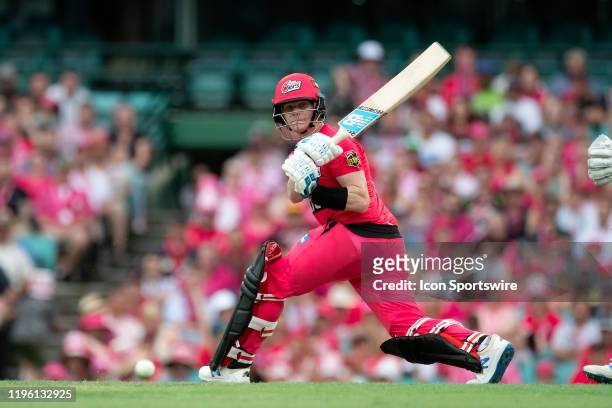 Steve Smith of Sydney Sixers hits the ball during the Big Bash League cricket match between Sydney Sixers and Melbourne Renegades at The Sydney...