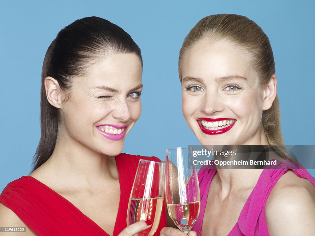 Smiling women toasting a drink