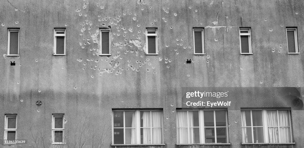 A building with bullet holes along the Gaza Strip in Israel