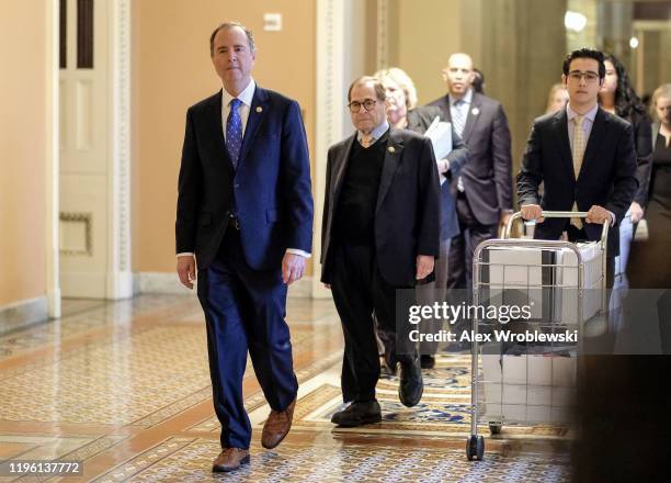House impeachment managers Rep. Rep. Adam Schiff , Rep. Jerry Nadler , Rep. Zoe Lofgren , and Rep. Hakeem Jeffries arrive to the Senate side for the...