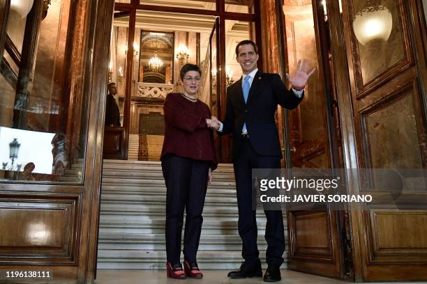 Spain's Minister of Foreign Affairs Arancha Gonzalez Laya meets with Venezuelan opposition leader Juan Guaido in Madrid on January 25, 2020.