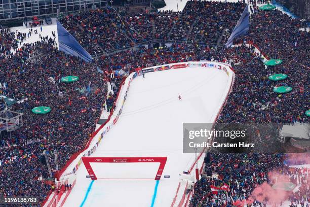 Fans at the 80th Hahnenkamm race during the Audi FIS alpine ski world cup men's downhill on January 25, 2020 in Kitzbuehel, Austria.