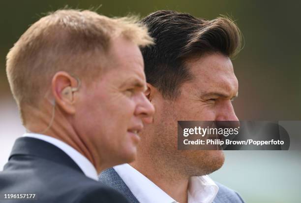 Graeme Smith, Cricket South Africa interim director of cricket speaks to Shaun Pollock before Day Two of the First Test match between England and...