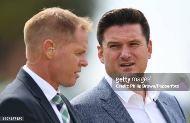 Graeme Smith, Cricket South Africa interim director of cricket and former Test captain speaks to Shaun Pollock before Day Two of the First Test match...