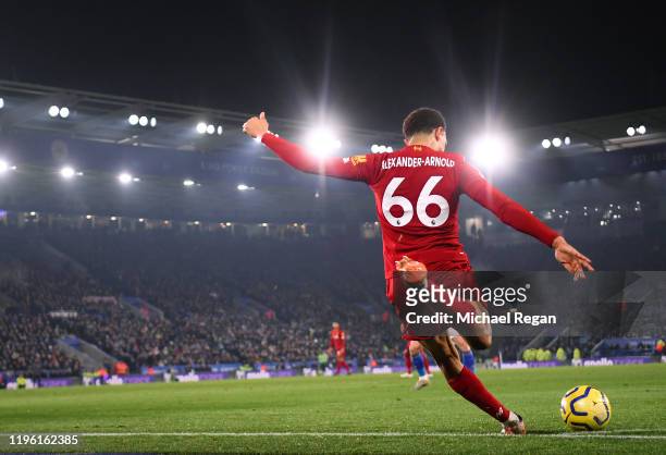 Trent Alexander-Arnold takes a corner during the Premier League match between Leicester City and Liverpool FC at The King Power Stadium on December...