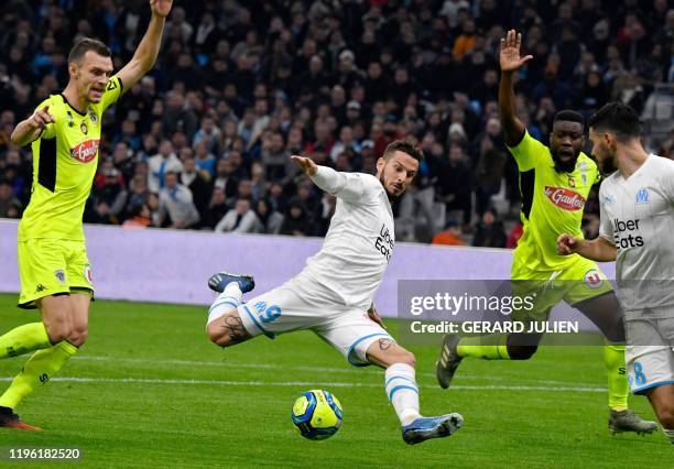 Marseille's Argentine forward Dario Benedetto prepares to shot during the French L1 football match between Olympique de Marseille and Angers SCO at...