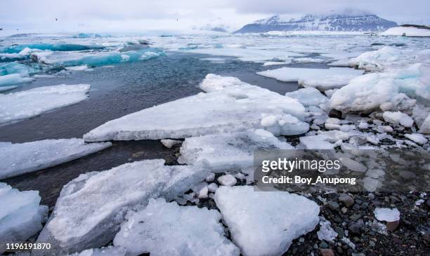 view of the iced sheet on the beach after cracked from jokulsarlon glacier in iceland. - ice sheet stock pictures, royalty-free photos & images