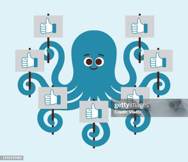 stockillustraties, clipart, cartoons en iconen met octopus holding banner ondertekent sociale media houdt van volgers influencer plat ontwerp - tentacle