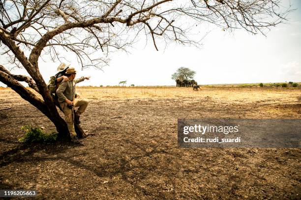 vista trasera de dos pareja asiática en la hierba cuando explorar el área del desierto - animales de safari fotografías e imágenes de stock