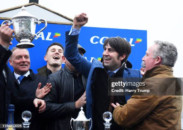 Trainer Christian Williams celebrates after winning the Coral Welsh Grand National Handicap Chase with Potters Corner at Chepstow Racecourse on...