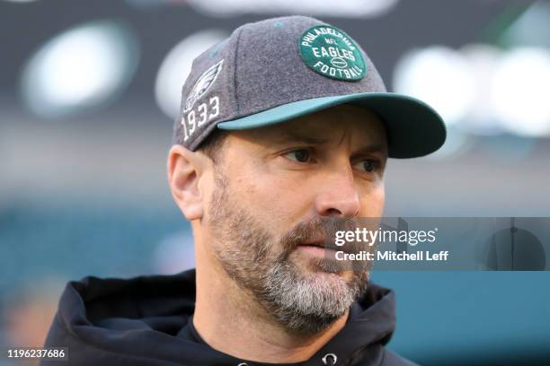 Offensive coordinator Mike Groh of the Philadelphia Eagles looks on prior to the game against the Dallas Cowboys at Lincoln Financial Field on...