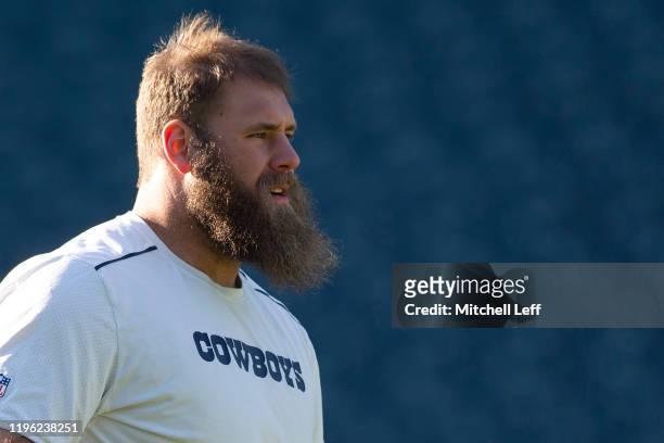 Travis Frederick of the Dallas Cowboys looks on prior to the game against the Philadelphia Eagles at Lincoln Financial Field on December 22, 2019 in...