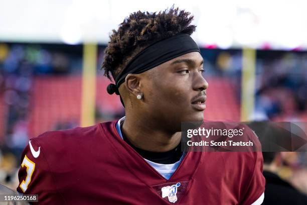 Dwayne Haskins of the Washington Redskins looks on after the game against the New York Giants at FedExField on December 22, 2019 in Landover,...