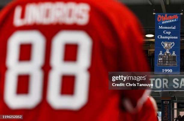 Eric Lindros former player of the Oshawa Generals looks on during a banner raising ceremony honouring the 1990 Memorial Cup team prior to an OHL game...