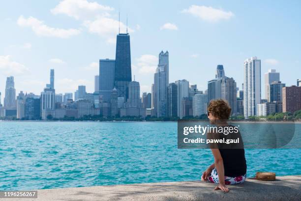 adult woman looking at chicago skyline - seen great lakes stock pictures, royalty-free photos & images