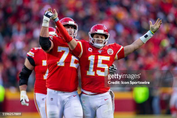 Kansas City Chiefs quarterback Patrick Mahomes and Kansas City Chiefs offensive tackle Eric Fisher celebrate after a play against the Tennessee...