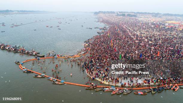 An aerial view of Sangam, the confluence of River Ganga Yamuna and mythological Saraswati, as devotee gathered to take holy dip on the occasion of...