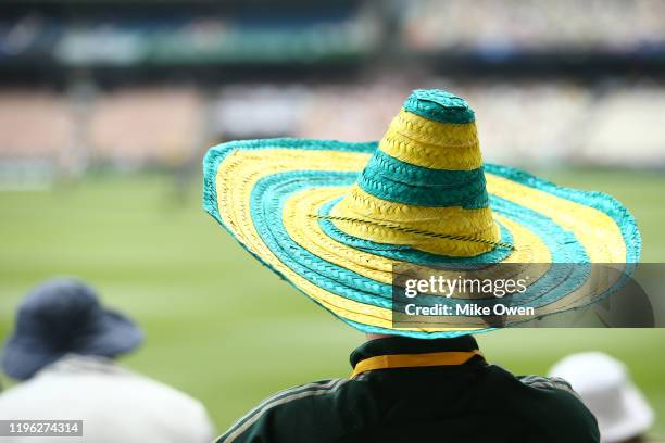 An Australian fan enjoys the atmosphere during day three of the Second Test match in the series between Australia and New Zealand at Melbourne...