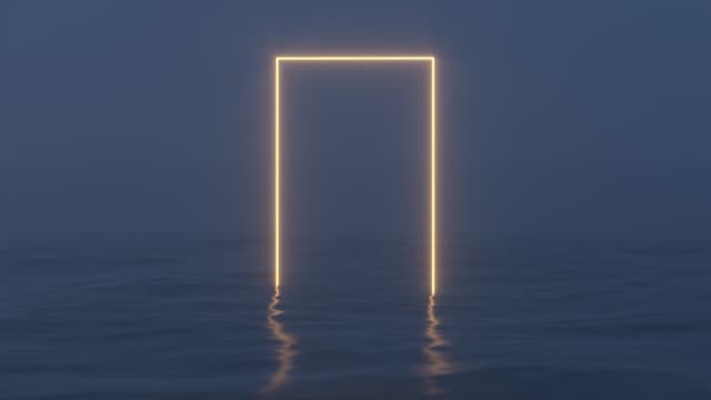 Glowing frame floating on the lake in the evening, 3d rendering.
