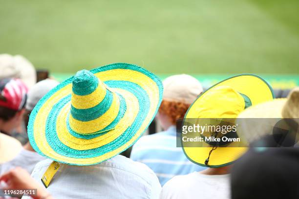 An Australian fan enjoys the atmosphere during day three of the Second Test match in the series between Australia and New Zealand at Melbourne...