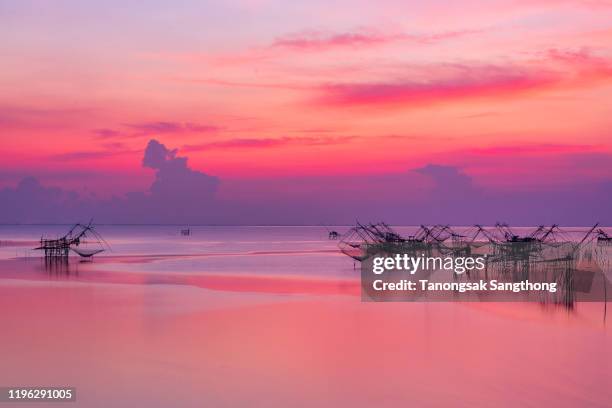 morning scenery with the sweet sky of the lake with many fish nets at pakpra, phatthalung province, thailand - phatthalung province stock-fotos und bilder