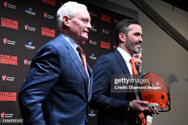 Team owners Jimmy and Dee Haslam of the Cleveland Browns pose for a picture with Kevin Stefanski after introducing Stefanski the Browns new head...