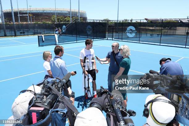 Casper Ruud of Norway talks to the media during a media opportunity at the State Tennis Centre ahead of the Perth ATP Cup on December 28, 2019 in...