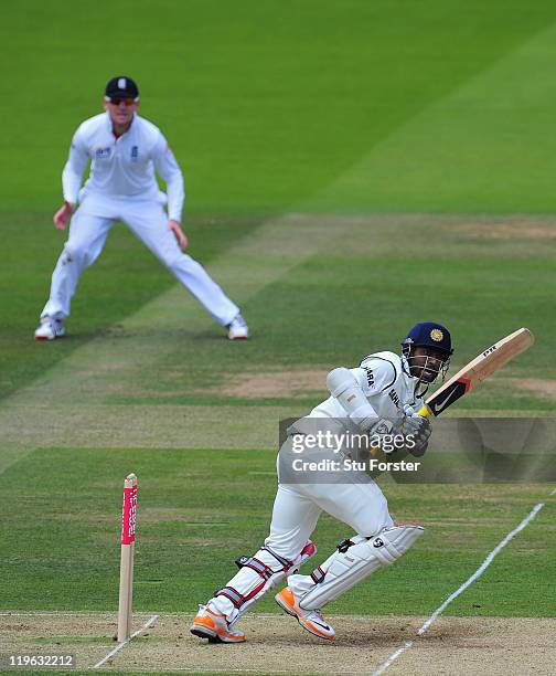 India batsman Abhinav Mukund picks up some runs as Eoin Morgan looks on during day three of the 1st npower test match between England and India at...