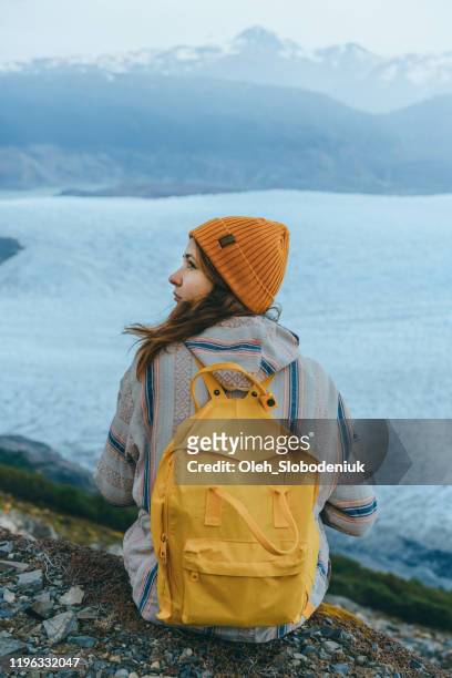 woman looking at grey glacier in torres del paine national park - grey glacier stock pictures, royalty-free photos & images