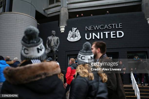 General view outside the stadium as fans arrive prior to the Premier League match between Newcastle United and Everton FC at St. James Park on...
