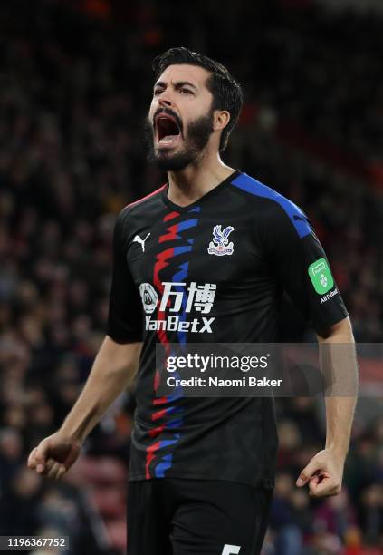 James Tomkins of Crystal Palace celebrates after scoring his team's first goal during the Premier League match between Southampton FC and Crystal...