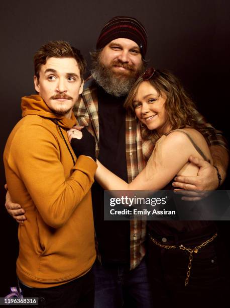 Kyle Gallner, Adam Carter Rehmeier, and Emily Skeggs from Dinner in America pose for a portrait at the Pizza Hut Lounge on January 24, 2020 in Park...