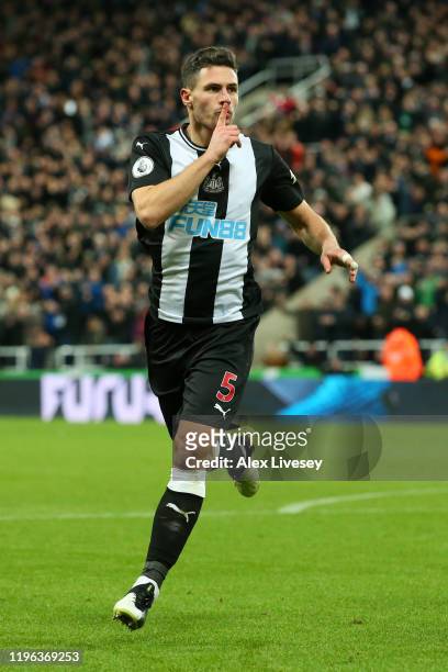 Fabian Schar of Newcastle United celebrates after scoring his team's first goal during the Premier League match between Newcastle United and Everton...