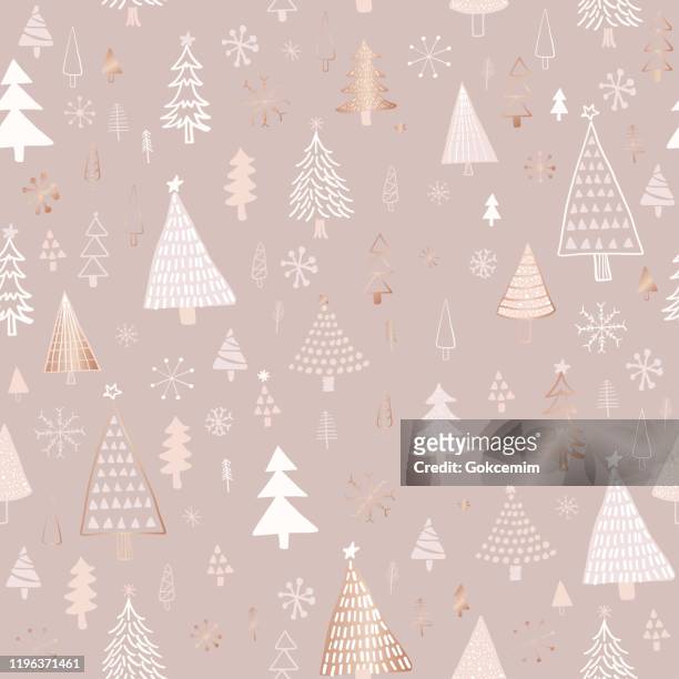 hand drawn christmas/holiday trees pattern. rose gold, beige, nude colored christmas trees, seamless pattern. forest background. childish texture for fabric, textile. - beige stock illustrations