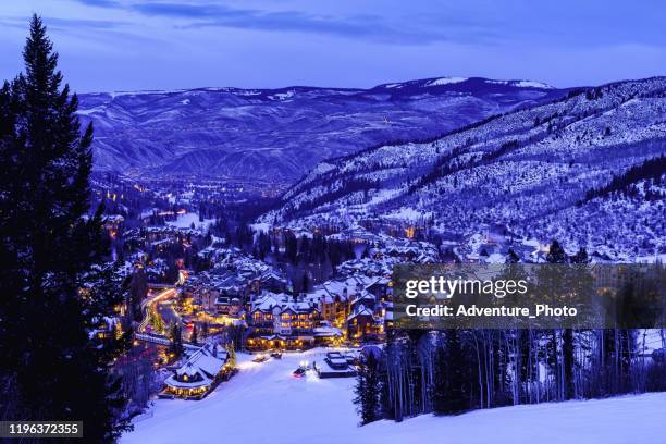 beaver creek colorado village at night - avon colorado stock pictures, royalty-free photos & images