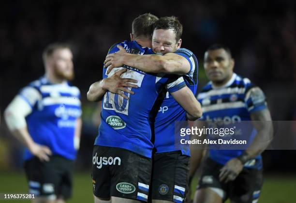 Chris Cook of Bath Rugby celebrates victory with Rhys Priestland of Bath Rugby during the Gallagher Premiership Rugby match between Bath Rugby and...