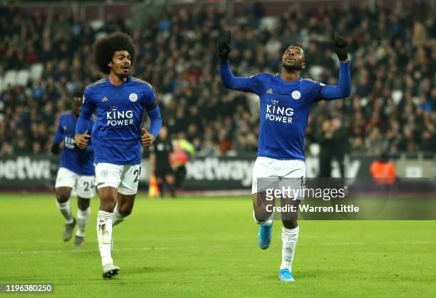 Kelechi Iheanacho of Leicester City celebrates after scoring his sides first goal during the Premier League match between West Ham United and...