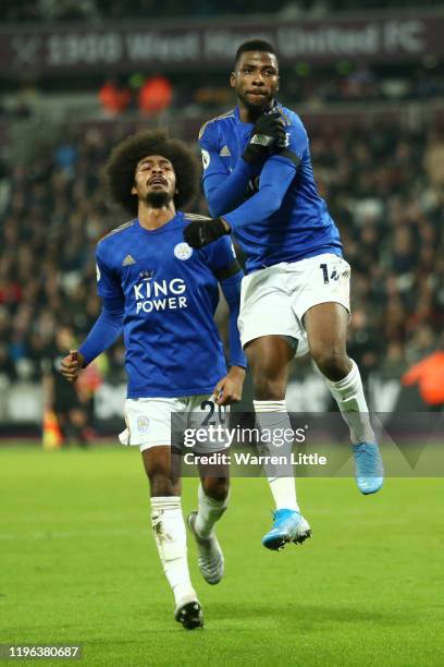 Kelechi Iheanacho of Leicester City celebrates after scoring his sides first goal during the Premier League match between West Ham United and...