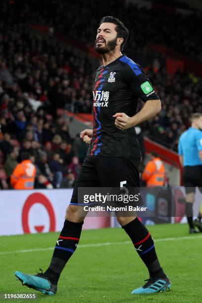 James Tomkins of Crystal Palace celebrates after he scores his sides first goal during the Premier League match between Southampton FC and Crystal...