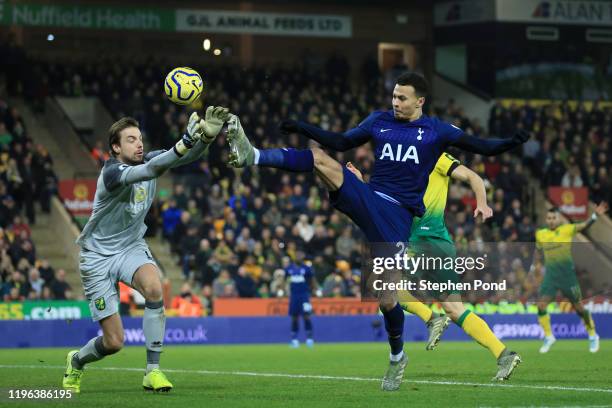 Tim Krul of Norwich City saves a shot from Dele Alli of Tottenham Hotspur during the Premier League match between Norwich City and Tottenham Hotspur...