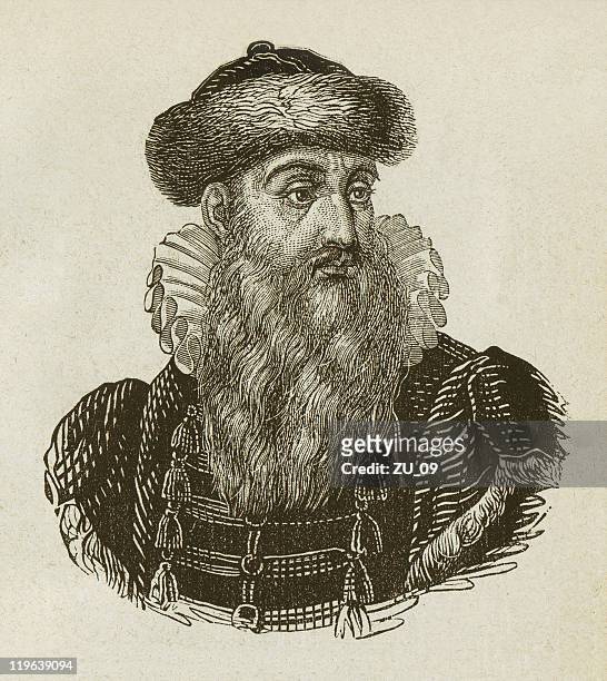 johannes gutenberg (c. 1400-1468), german inventor, wood engraving, published 1877 - fur hat stock illustrations