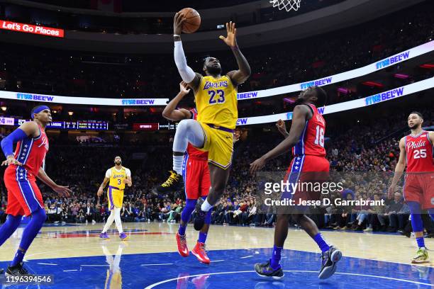 LeBron James of the Los Angeles Lakers shoots the ball to pass Kobe Bryant for third on NBA's all-time scoring list on January 25, 2020 at the Wells...