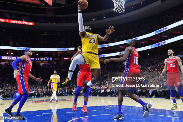 LeBron James of the Los Angeles Lakers shoots the ball to pass Kobe Bryant for third on NBA's all-time scoring list on January 25, 2020 at the Wells...