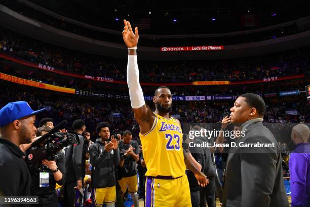 LeBron James of the Los Angeles Lakers thanks the crowd after passing Kobe Bryant for third on NBA's all-time scoring list on January 25, 2020 at the...