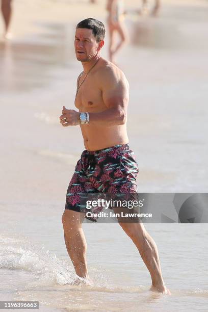 Mark Wahlberg seen on the beach outside Sandy Lane Hotel on December 28, 2019 in Bridgetown, Barbados.
