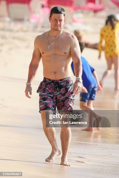 Mark Wahlberg seen on the beach outside Sandy Lane Hotel on December 28, 2019 in Bridgetown, Barbados.